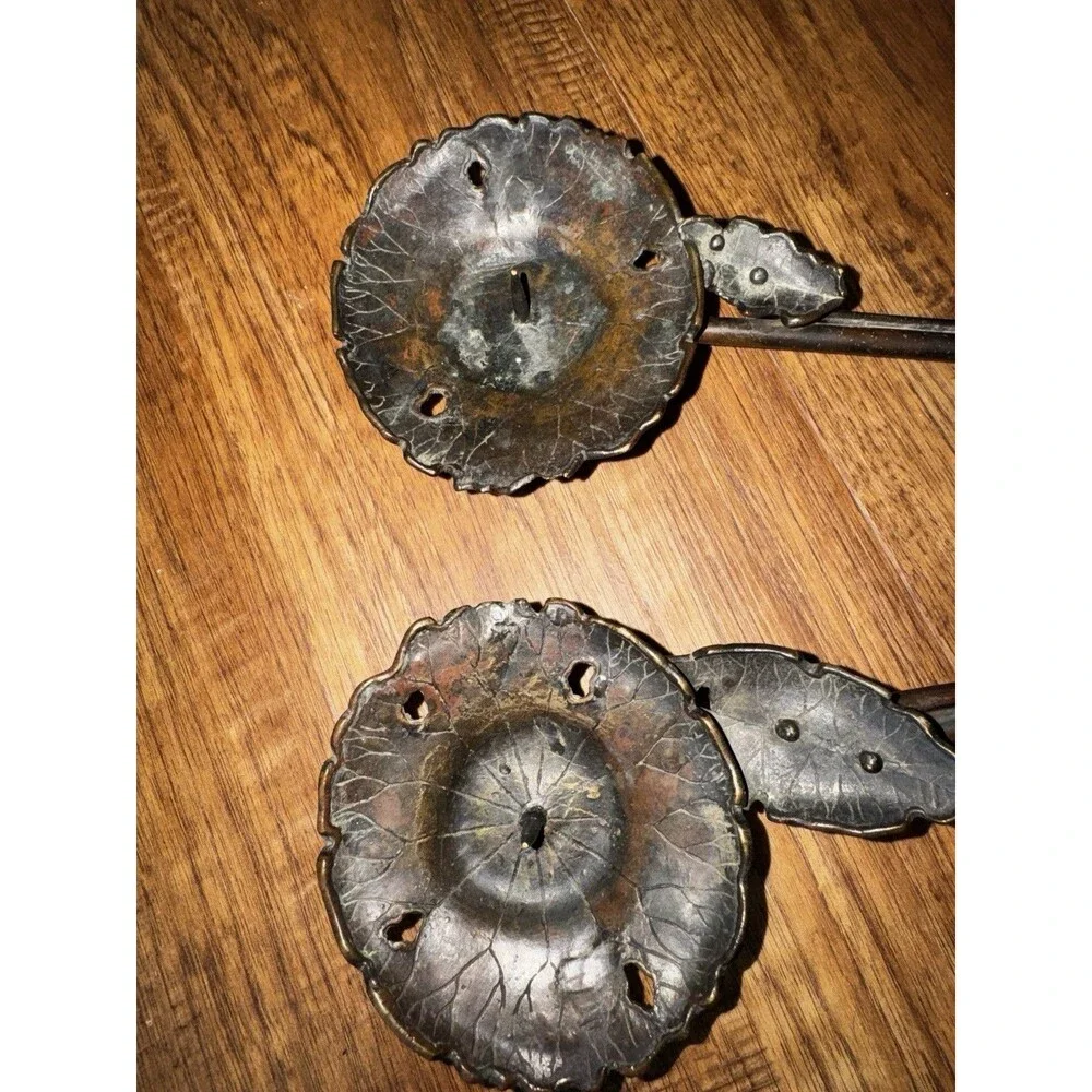 Bronze Meiji period lotus/lilypad Candle Holder, Pair (2) stamped
